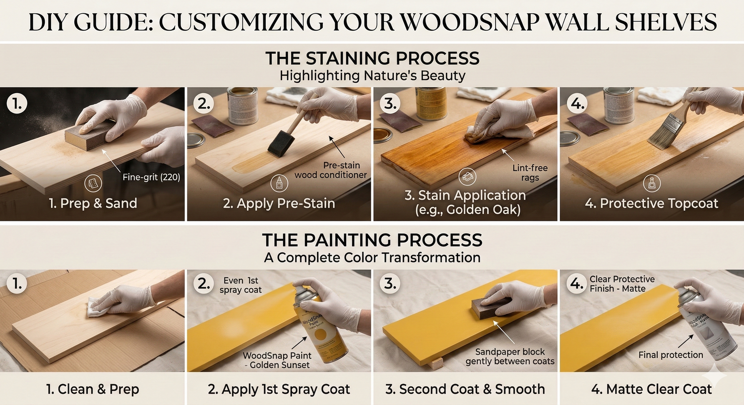 Step-by-step infographic showing how to stain and spray paint WoodSnap Baltic birch wall shelves.